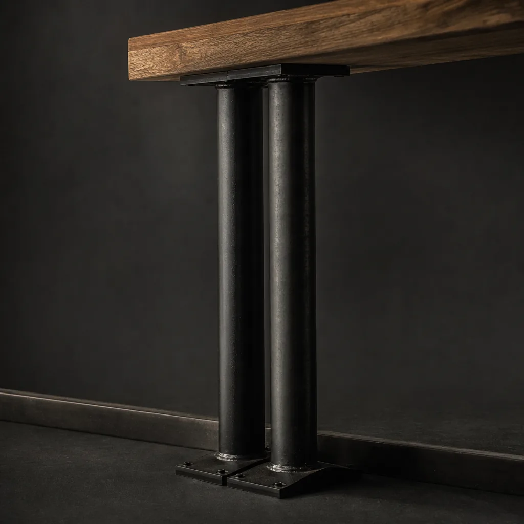 Blackened steel column base of a bar-height table, joinery detail against charcoal