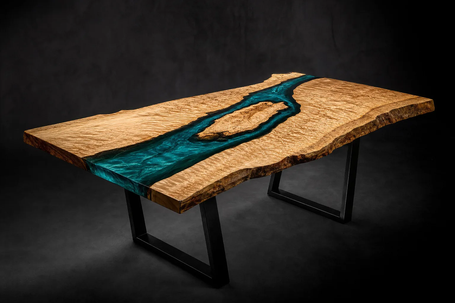 Braidwater river dining table, three-quarter view: quilted big-leaf maple with a braided glacier-teal resin river splitting around a wood island