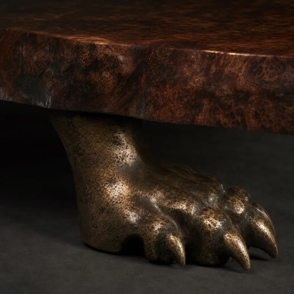 Cast bronze foot under a walnut coffee table slab, joinery detail in warm raking light