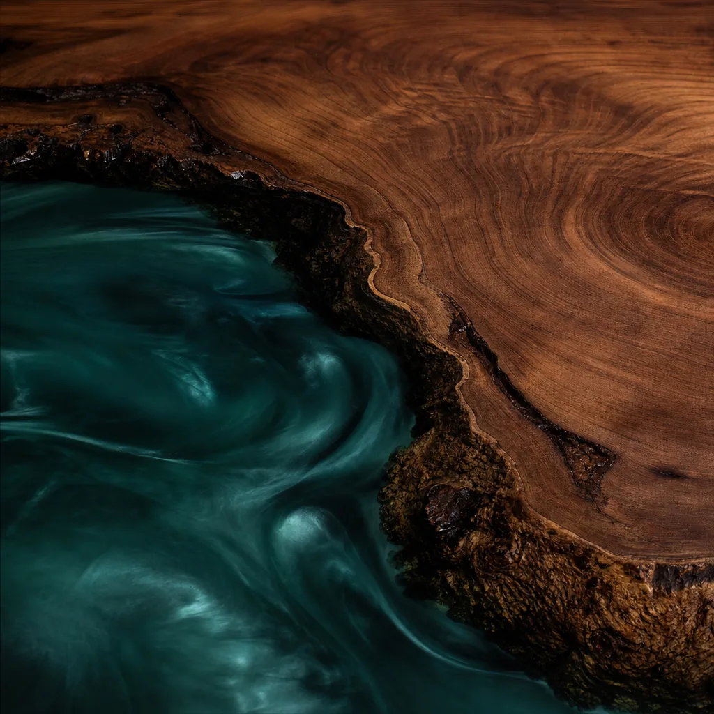 Top-down detail of the Confluence table where the glacier-teal resin river meets the live walnut edge