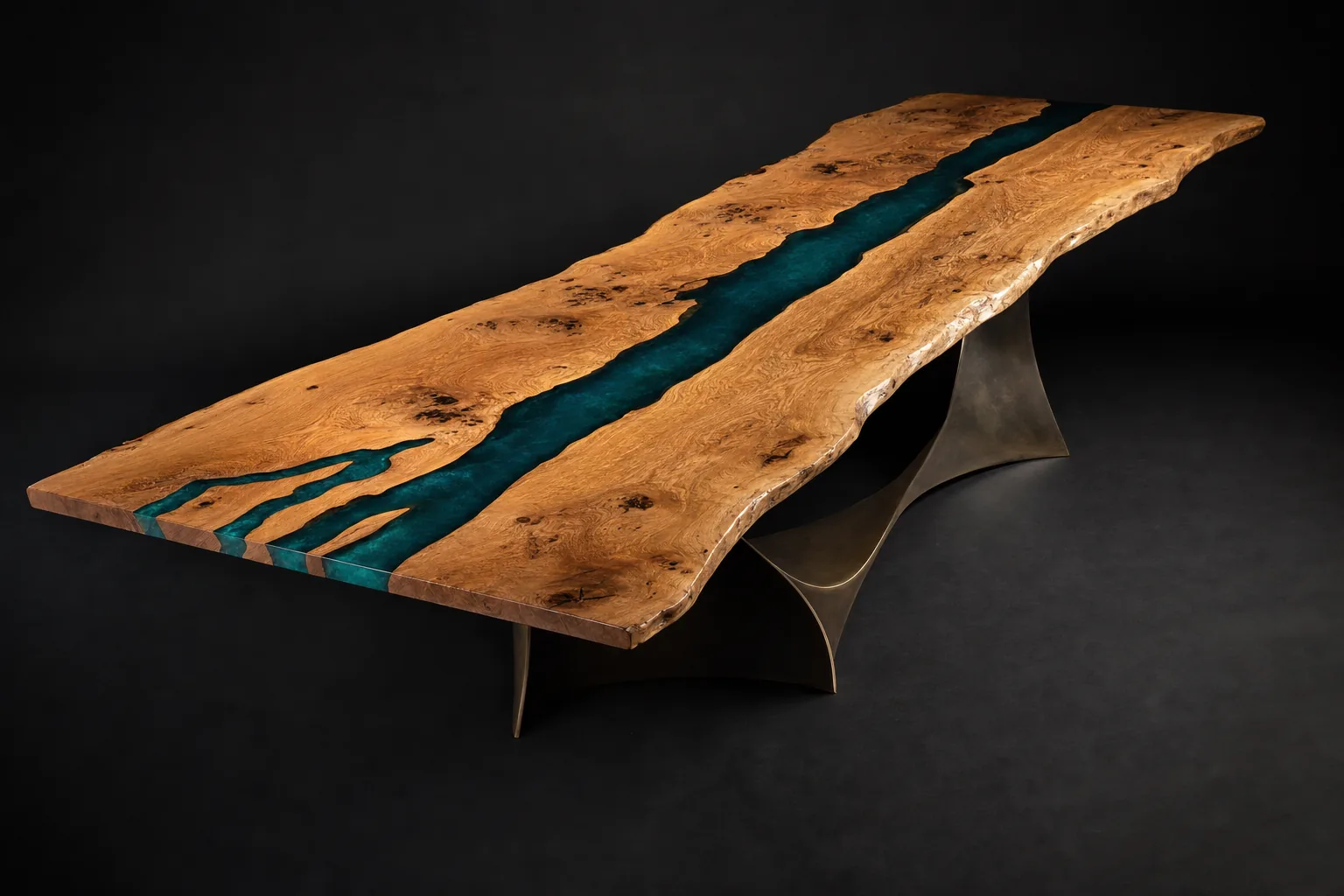 Delta Nine river dining table, three-quarter view: nine-foot Oregon white oak slab with a glacier-teal resin river fanning into three delta channels, cast bronze base
