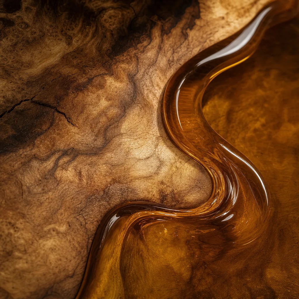 Top-down detail of the Eddy table's curling amber resin against feathered maple crotch figure