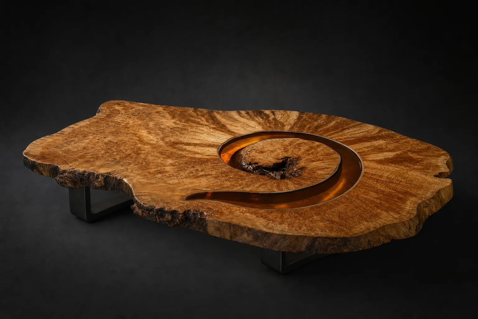 Eddy coffee table, three-quarter view: feathered big-leaf maple crotch slab with a curling amber resin pour, blackened steel skid base