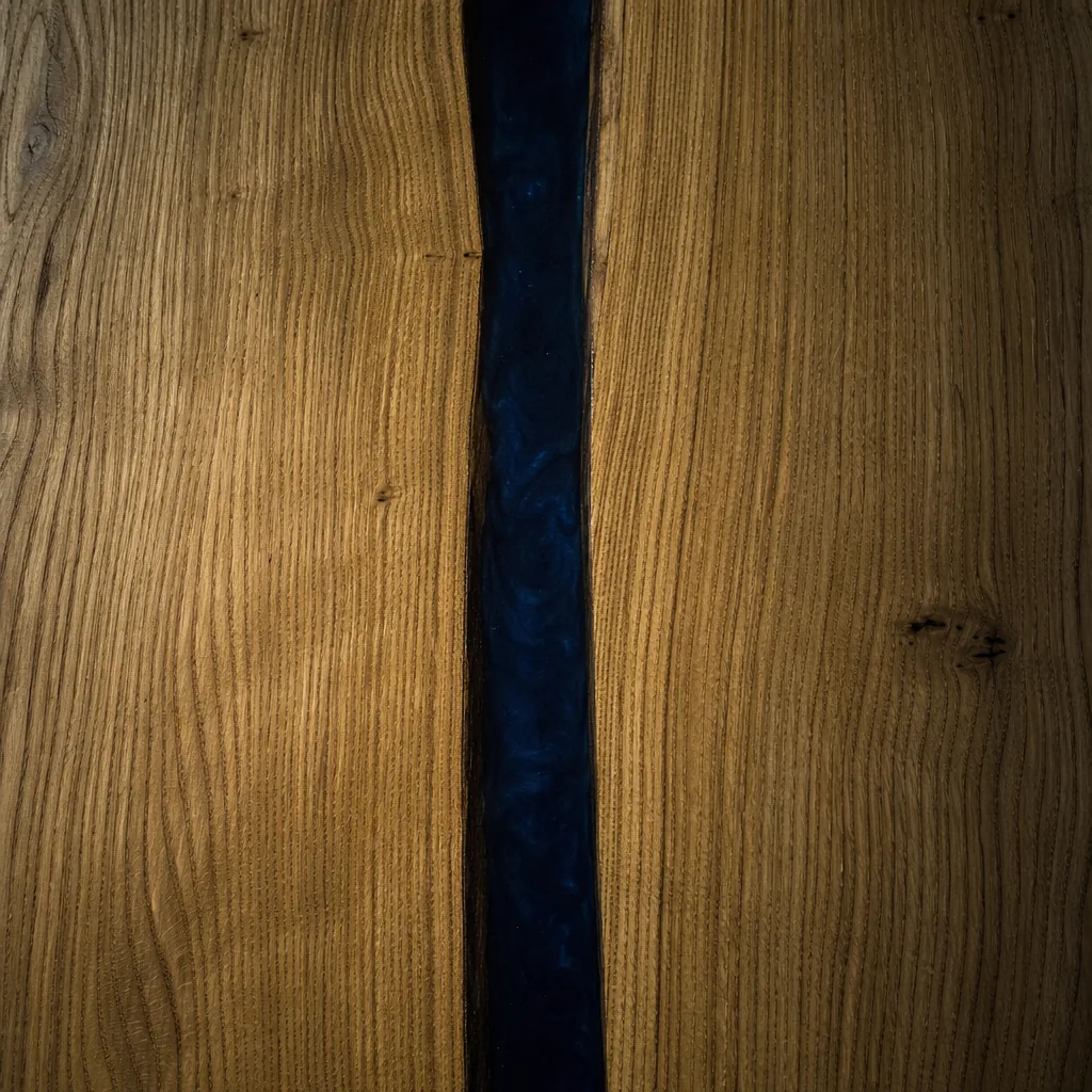 Top-down detail of the narrow deep navy resin channel in the Headwater bar table's white oak top