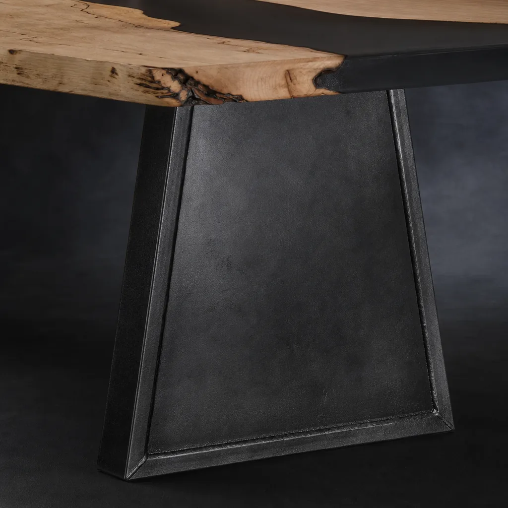 Blackened steel base under a maple river table, raking light on the steel