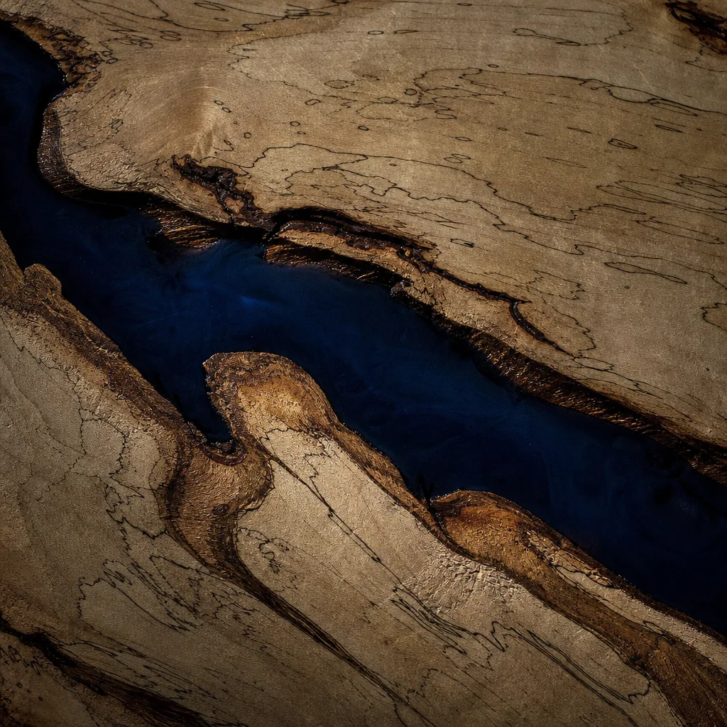 Top-down detail of deep navy resin breaking over the edge void of the Spillway bar table