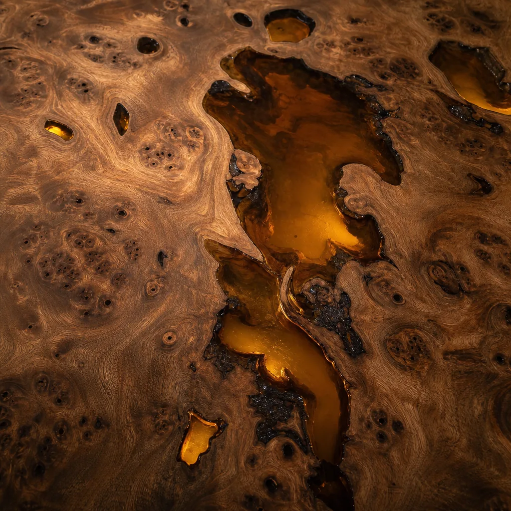 Top-down detail of amber resin pooled in walnut burl voids on the Stillwater coffee table