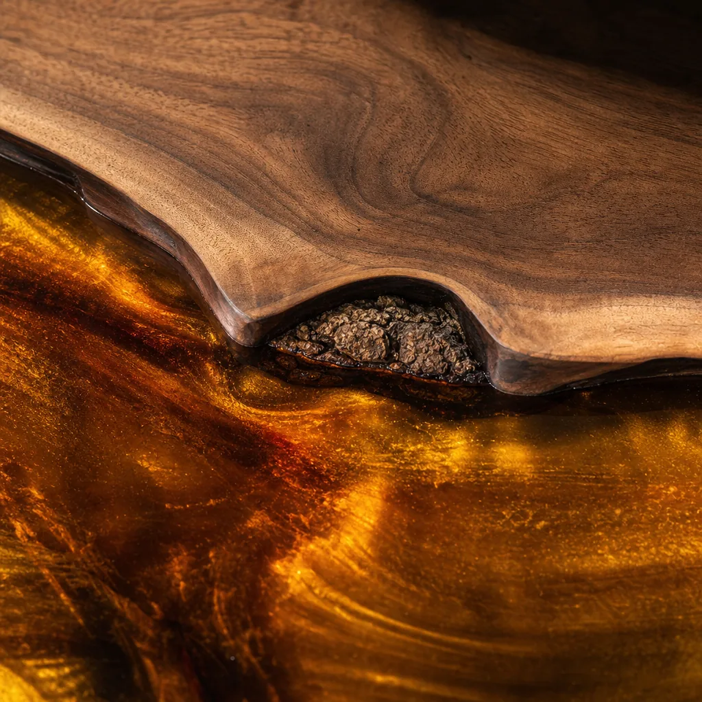 Top-down detail of amber resin running under the live-edge shelf of the Undercut coffee table