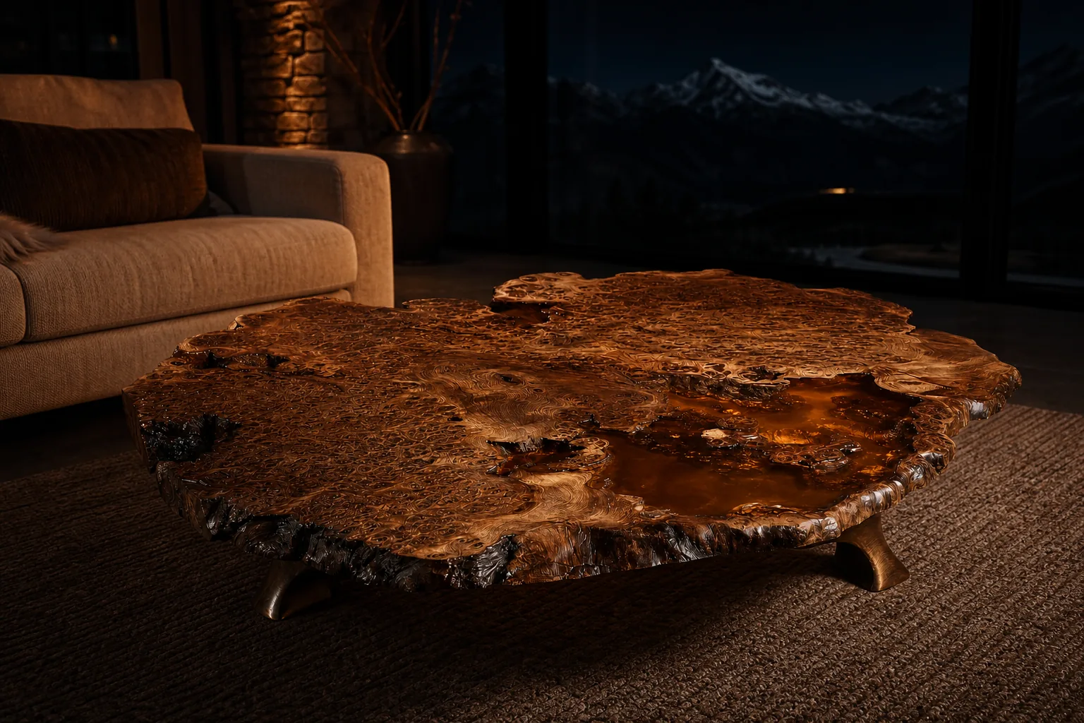 Stillwater burl coffee table installed in a Sun Valley living room, firelight in the amber resin pools