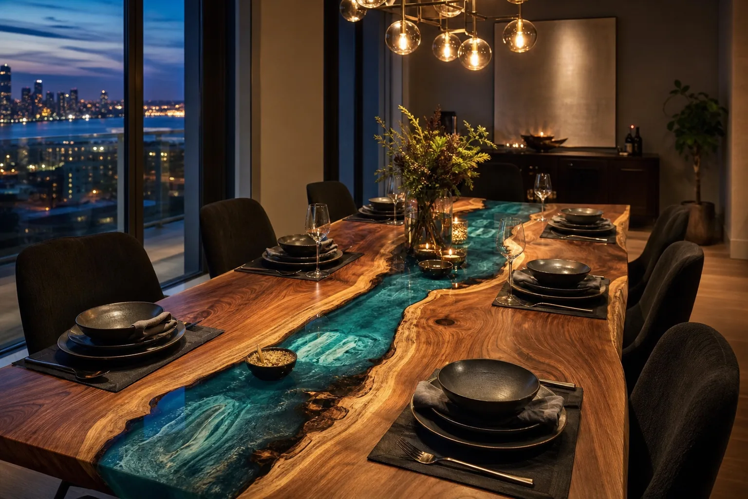 Confluence river table installed in a Seattle dining room, evening light on the teal resin river